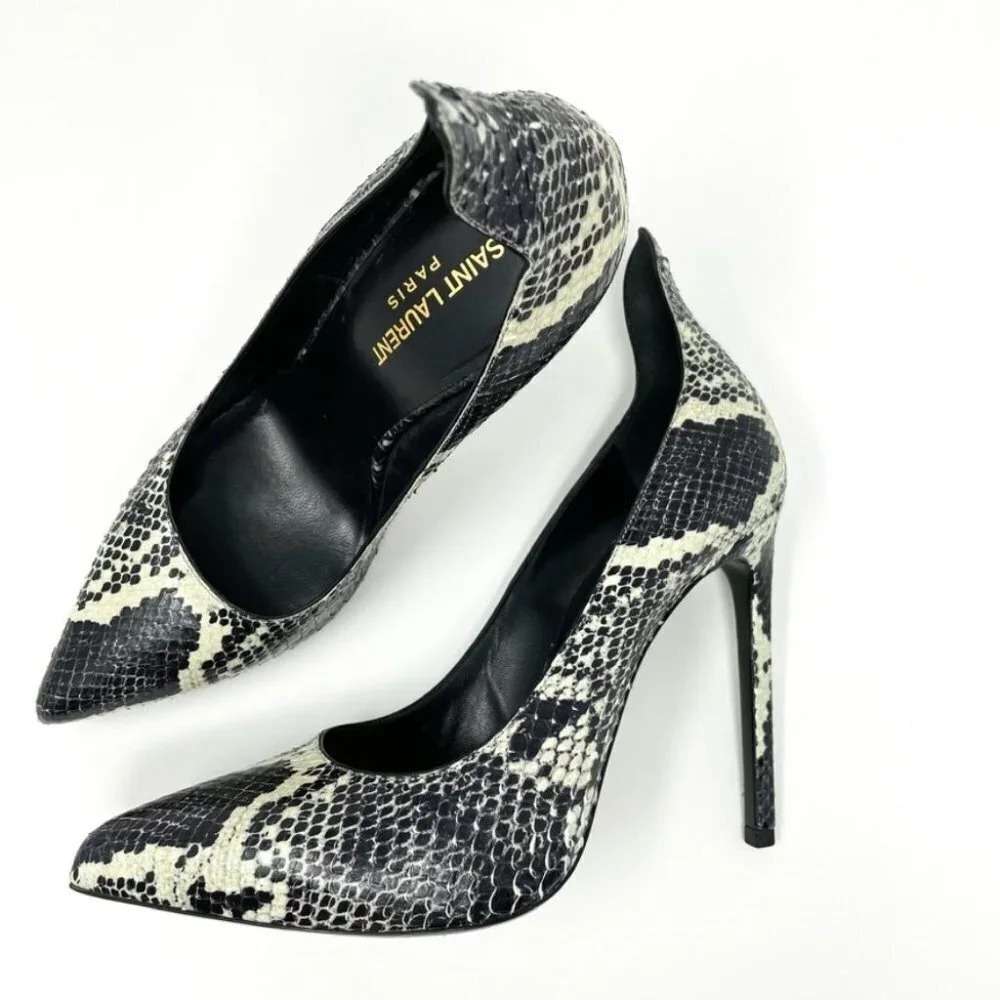 YSL Yves Saint Laurent Snake Print Textured  Printed Pump Cream & Black Sz 8